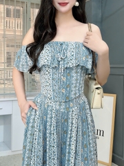 Set Bộ Nữ Áo Croptop Cổ Bèo Mix Quần Dáng Dài Họa Tiết Thổ Cẩm Chất Xô Gân Đi Biển MIMIX - FI6