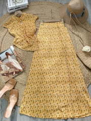 Set Bộ Nữ Áo Cổ Giọt Nước Mix Chân Váy Dáng Dài Xòe Chất Thun Cotton In Hoa Đi Biển Đi Tiệc MIMIX - FH1