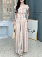 Set Bộ Nữ Áo Croptop Cổ Bèo Mix Quần Dáng Dài Họa Tiết Thổ Cẩm Chất Xô Gân Đi Biển MIMIX - FI6