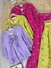 Set Váy Nữ Áo Nơ Chuông Mix Chân Váy Dáng Dài Xòe Chất Tơ Dập In Hoa MIMIX - FG7