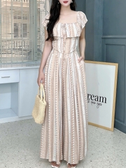 Set Bộ Nữ Áo Croptop Cổ Bèo Mix Quần Dáng Dài Họa Tiết Thổ Cẩm Chất Xô Gân Đi Biển MIMIX - FI6