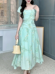 Set Váy Nữ Áo Croptop Tay Tiên Mix Chân Váy Nhún Eo Chất Tơ gân Đi Dạo Phố MIMIX - FF2