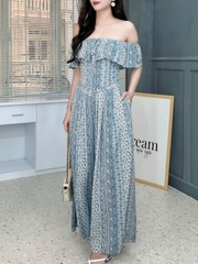 Set Bộ Nữ Áo Croptop Cổ Bèo Mix Quần Dáng Dài Họa Tiết Thổ Cẩm Chất Xô Gân Đi Biển MIMIX - FI6