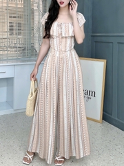 Set Bộ Nữ Áo Croptop Cổ Bèo Mix Quần Dáng Dài Họa Tiết Thổ Cẩm Chất Xô Gân Đi Biển MIMIX - FI6