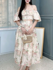 Set Váy Nữ Áo Croptop Xếp Ly Ngực Mix Chân Váy Dáng Dài Xòe Chất Cotton In Hoa Đi Biển MIMIX - FI4