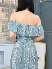 Set Bộ Nữ Áo Croptop Cổ Bèo Mix Quần Dáng Dài Họa Tiết Thổ Cẩm Chất Xô Gân Đi Biển MIMIX - FI6