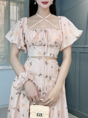 Set Váy Nữ Áo Croptop Xếp Ly Ngực Mix Chân Váy Dáng Dài Xòe Chất Cotton In Hoa Đi Biển MIMIX - FI4