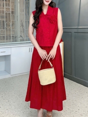 Set Váy Nữ Áo Cổ Sen Phối Hoa 3D Mix Chân Váy Dáng Dài Xòe Chất Linen Tưng Cotton Đi Tiệc MIMIX - FH3