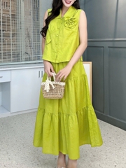 Set Váy Nữ Áo Cổ Sen Phối Hoa 3D Mix Chân Váy Dáng Dài Xòe Chất Linen Tưng Cotton Đi Tiệc MIMIX - FH3