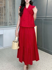 Set Váy Nữ Áo Cổ Sen Phối Hoa 3D Mix Chân Váy Dáng Dài Xòe Chất Linen Tưng Cotton Đi Tiệc MIMIX - FH3