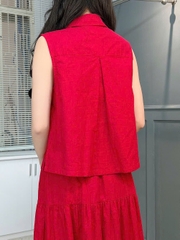 Set Váy Nữ Áo Cổ Sen Phối Hoa 3D Mix Chân Váy Dáng Dài Xòe Chất Linen Tưng Cotton Đi Tiệc MIMIX - FH3