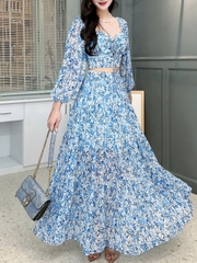 Set Bộ Váy Hoa Áo Croptop Tay Dài Mix Chân Váy Dáng Dài Chất Tơ Đi Du Lịch MIMIX - FD3