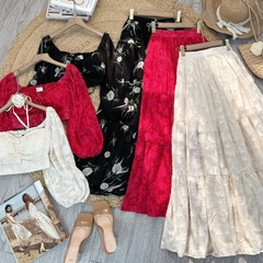 Set Bộ Váy Hoa Áo Croptop Tay Dài Mix Chân Váy Dáng Dài Chất Tơ Đi Du Lịch MIMIX - FD3