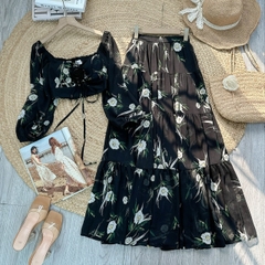 Set Bộ Váy Hoa Áo Croptop Tay Dài Mix Chân Váy Dáng Dài Chất Tơ Đi Du Lịch MIMIX - FD3