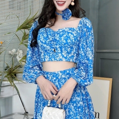 Set Bộ Váy Hoa Áo Croptop Tay Dài Mix Chân Váy Dáng Dài Chất Tơ Đi Du Lịch MIMIX - FD3