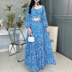 Set Bộ Váy Hoa Áo Croptop Tay Dài Mix Chân Váy Dáng Dài Chất Tơ Đi Du Lịch MIMIX - FD3