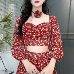 Set Bộ Váy Hoa Áo Croptop Tay Dài Mix Chân Váy Dáng Dài Chất Tơ Đi Du Lịch MIMIX - FD3