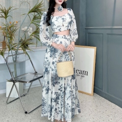 Set Bộ Váy Hoa Áo Croptop Tay Dài Mix Chân Váy Dáng Dài Chất Tơ Đi Du Lịch MIMIX - FD3