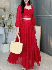 Set Bộ Váy Hoa Áo Croptop Tay Dài Mix Chân Váy Dáng Dài Chất Tơ Đi Du Lịch MIMIX - FD3