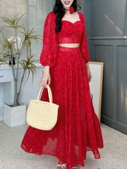 Set Bộ Váy Hoa Áo Croptop Tay Dài Mix Chân Váy Dáng Dài Chất Tơ Đi Du Lịch MIMIX - FD3