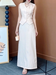 Set Váy Nữ Áo Gile Mix Chân Váy Dáng Suông Dài Phối Xẻ Tà Chất Tweet Chéo Mỏng Công Sở MIMIX - EW5