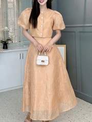 Set Váy Ren Áo Cổ Tròn Nút Hoa Mix Chân Váy Xòe Chất Ren Ép Tapfa Đi Tiệc Đi Làm MIMIX - FC2