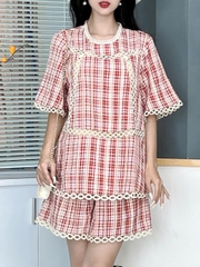 Set Short Caro Áo Viền Ren Tay Ngắn Mix Quần Ngắn Chất Cotton Kẻ Ép Chỉ Đi Dạo Phố MIMIX - FA1