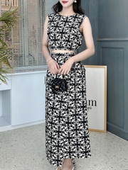 Set Váy Họa Tiết Nữ Áo Sát Nách Bo Eo Mix Chân Váy Đắp Vạt Chất Linen Đi Dạo Phố MIMIX - FF0