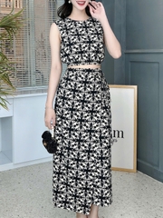 Set Váy Họa Tiết Nữ Áo Sát Nách Bo Eo Mix Chân Váy Đắp Vạt Chất Linen Đi Dạo Phố MIMIX - FF0