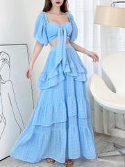 Set Váy Áo Croptop Tay Bồng Mix Chân Váy Tầng Dáng Dài Chất Tơ Bông Tuyết Đi Biển MIMIX - CC6