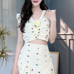 Set Váy Thêu Hoa Áo Tay Tiên Nhún Trước Mix Chân Váy Dáng Dài Xòe Đi Dạo Phố MIMIX - FC8