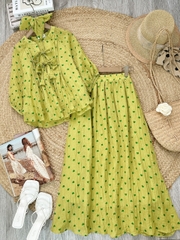 Set Váy Nữ Áo Tay Bo Rút Phối Nơ Và Chân Váy Dáng Dài Chất Tơ Dập In Hoa Đi Tiệc MIMIX - FJ8