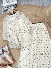 Set Váy Nữ Áo Tay Bo Rút Phối Nơ Và Chân Váy Dáng Dài Chất Tơ Dập In Hoa Đi Tiệc MIMIX - FJ8