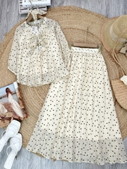 Set Váy Nữ Áo Tay Bo Rút Phối Nơ Và Chân Váy Dáng Dài Chất Tơ Dập In Hoa Đi Tiệc MIMIX - FJ8