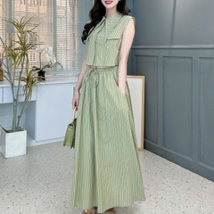 Set Bộ Váy Kẻ Sọc Áo Sơ Mi Cổ Nhọn Mix Chân Váy Dáng Dài Xòe Đi Dạo Phố MIMIX - FD2