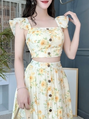 Set Váy Hoa Áo Tay Tiên Đính Nút Mix Chân Váy Dáng Dài Xòe Chất Tơ Cotton Đi Biển MIMIX - FF8