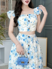 Set Váy Hoa Áo Tay Tiên Đính Nút Mix Chân Váy Dáng Dài Xòe Chất Tơ Cotton Đi Biển MIMIX - FF8