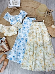 Set Bộ Áo Nhún Vai Bèo Và Chân Váy Xòe 4 Tầng Chất  Tơ Cotton In Hoa Đi Du Lịch MIMIX - FF7