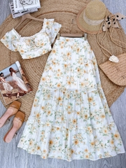 Set Bộ Áo Nhún Vai Bèo Và Chân Váy Xòe 4 Tầng Chất  Tơ Cotton In Hoa Đi Du Lịch MIMIX - FF7