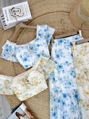 Set Bộ Áo Nhún Vai Bèo Và Chân Váy Xòe 4 Tầng Chất  Tơ Cotton In Hoa Đi Du Lịch MIMIX - FF7