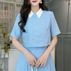 Set Váy Nữ Áo Cổ Sơ Mi Tay Ngắn Mix Chân Váy Dáng Dài Xòe Chất Linen Cotton Đi Biển Đi Tiệc MIMIX - FH5