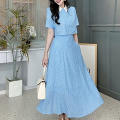 Set Váy Nữ Áo Cổ Sơ Mi Tay Ngắn Mix Chân Váy Dáng Dài Xòe Chất Linen Cotton Đi Biển Đi Tiệc MIMIX - FH5