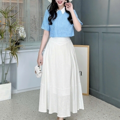Set Váy Nữ Áo Cổ Sơ Mi Tay Ngắn Mix Chân Váy Dáng Dài Xòe Chất Linen Cotton Đi Biển Đi Tiệc MIMIX - FH5