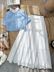 Set Váy Nữ Áo Cổ Sơ Mi Tay Ngắn Mix Chân Váy Dáng Dài Xòe Chất Linen Cotton Đi Biển Đi Tiệc MIMIX - FH5