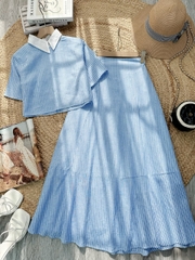 Set Váy Nữ Áo Cổ Sơ Mi Tay Ngắn Mix Chân Váy Dáng Dài Xòe Chất Linen Cotton Đi Biển Đi Tiệc MIMIX - FH5