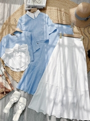 Set Váy Nữ Áo Cổ Sơ Mi Tay Ngắn Mix Chân Váy Dáng Dài Xòe Chất Linen Cotton Đi Biển Đi Tiệc MIMIX - FH5