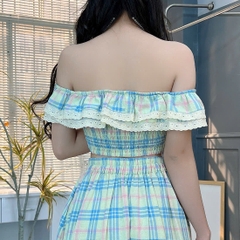 Set Váy Nữ Áo Cổ Bèo Viền Ren Mix Chân Váy Dáng Dài Chất Cotton Đi Biển - FB7
