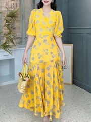 Set Váy Hoa Áo Đắp Chéo Mix Chân Váy Dáng Dài Xòe Đi Biển MIMIX - FC6