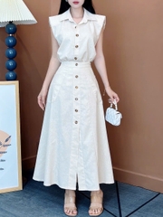 Set Váy Nữ Áo Sát Nách Mix Chân Váy Đính Nút Chất Linen Bột Đi Làm Đi Tiệc MIMIX - EX3