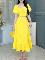 Set Váy Nữ Trơn Áo Croptop Tay Bí Mix Chân Váy Dáng Dài Xòe Chất Thun Thêu Đi Du Lịch MIMIX - FB8